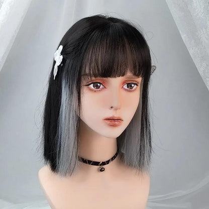 Wig Female Gradient Silver Gray Medium Length Short Straight Hair Comic Bangs Hanging Ears Dye Shoulder Net Red Cos