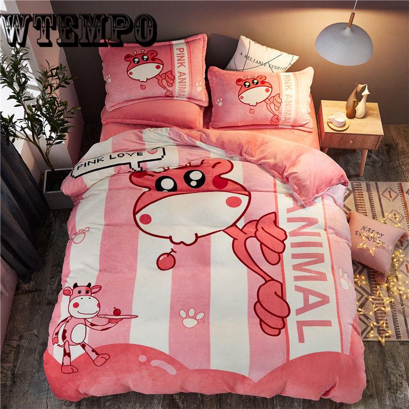 Winter Crystal Flannel Bedding Set  Soft Pattern Cotton Bed Linens Duvet Cover Set Bed Sheet