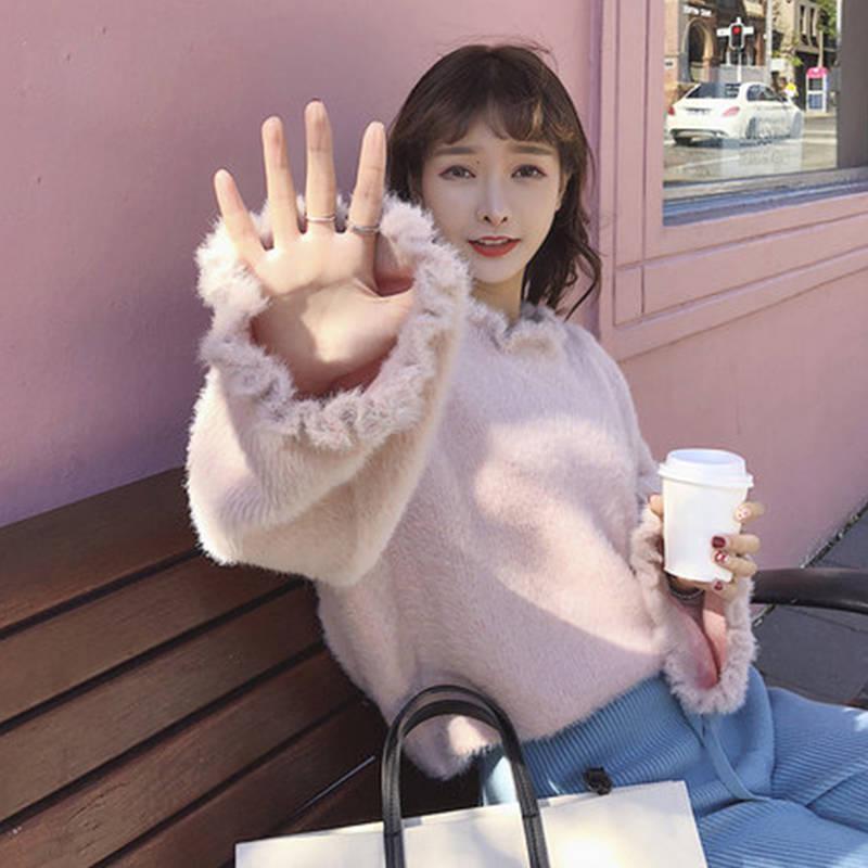 Pofulove Mohair Girly Ruffles Cuffs Turtleneck Warm Knitwear Skin-friendly Losse Pullover Sweater