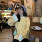 Pofulove loose sweet stitching knitted long-sleeved shirt women Candy color cute sweater women