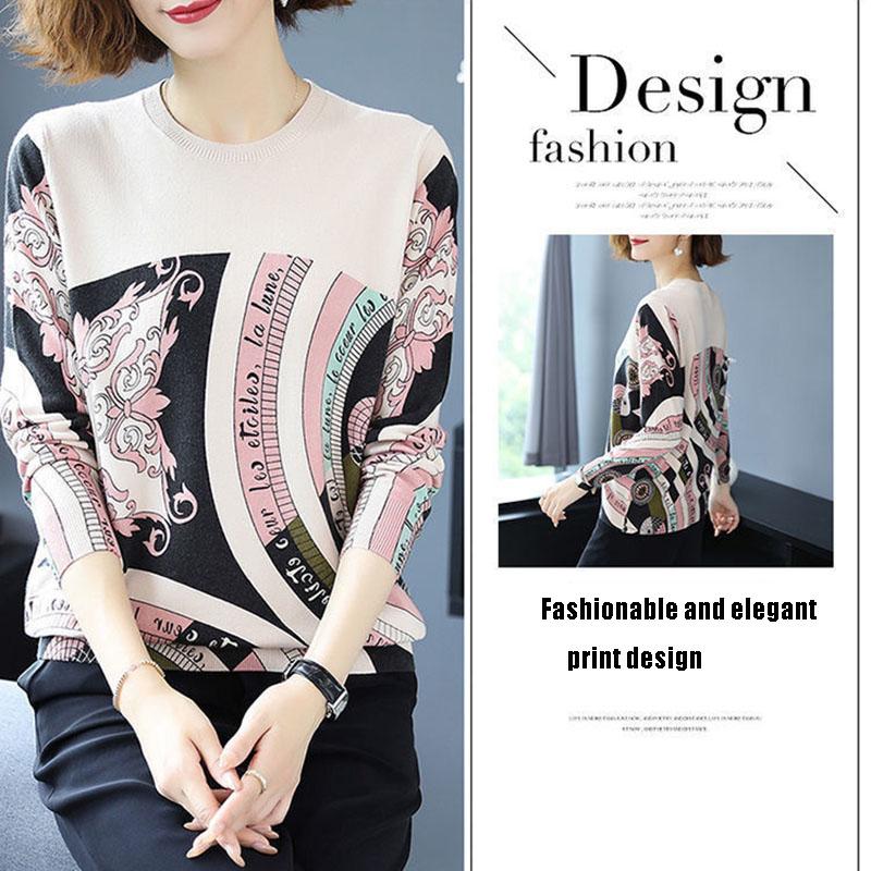 Ethnic Style Plus Size Printed Wool Sweater Ladies Thin Knit Bottoming Sweater O-neck Short Cashmere Sweater Jumper