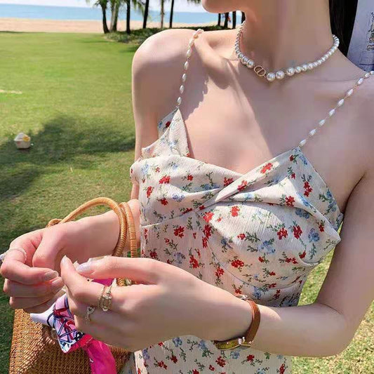 Floral Pearl Sling Dress Summer Mid-length Split Sweet First Love Dress