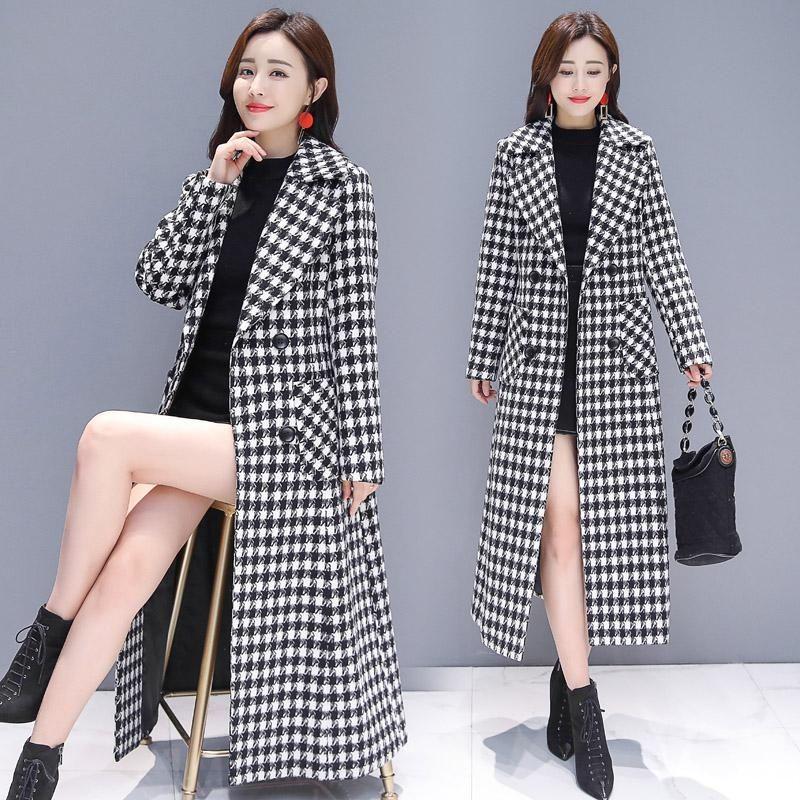Black and White Plaid Woolen Coat Women's Mid-length Slim Temperament Coat Double-sided