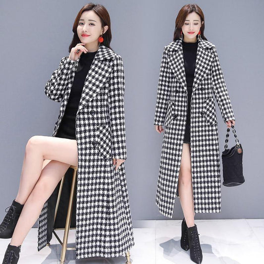 Black and White Plaid Woolen Coat Women's Mid-length Slim Temperament Coat Double-sided