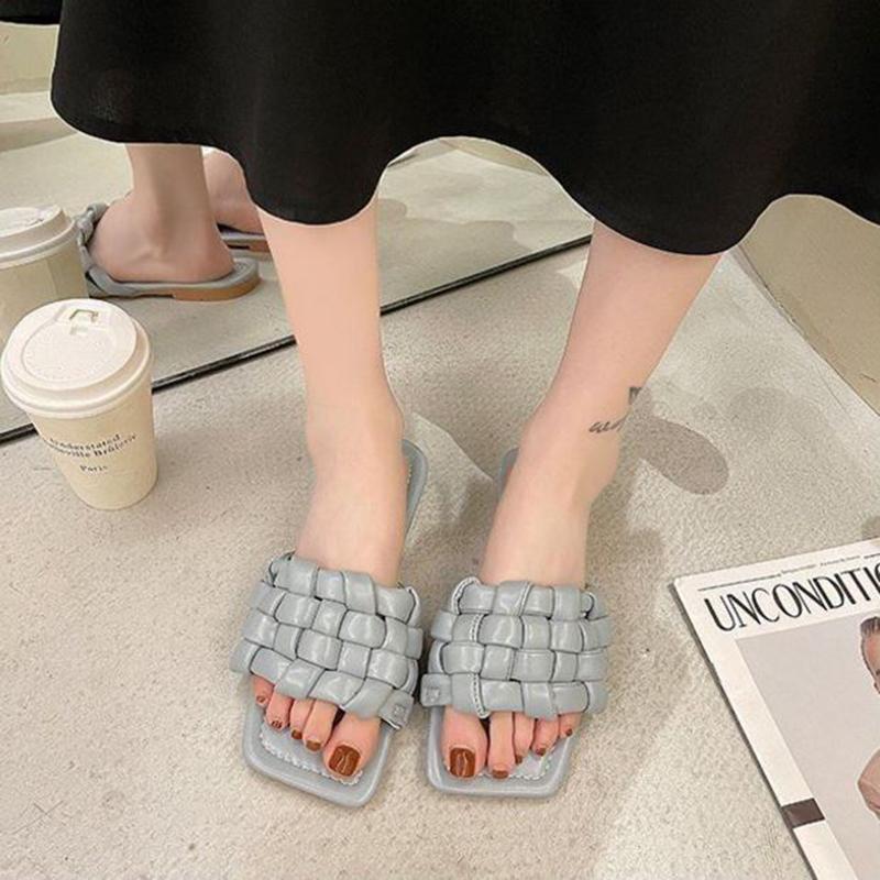 Slippers Women's Woven Square Toe Sandals Women's Summer Korean Version of All-match Flat-bottom Breathable Sandals Women's Outer Wear