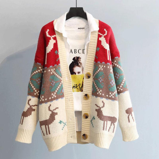 Christmas Sweater Cardigan Jacket Women Loose Thick New Year Red Deer Jacquard Retro Knitted V-neck Long-sleeved Warm Sweater Jacket