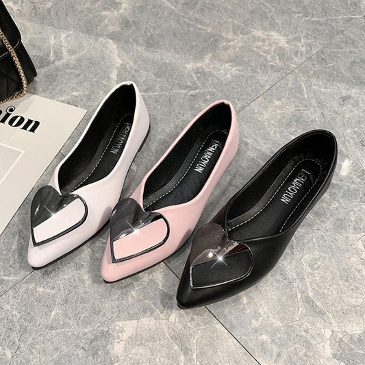 Sweet Pointed Toe Flat Shallow Mouth Single Shoes All-match Women's Shoes Heart-shaped Square Buckle Soft Leather Flat Shoes