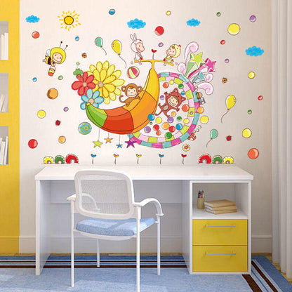 [Wall sticker ]Colorful Banana Amusement Park Monkey Bee Balloon Wall Stickers For Kids Rooms Baby R