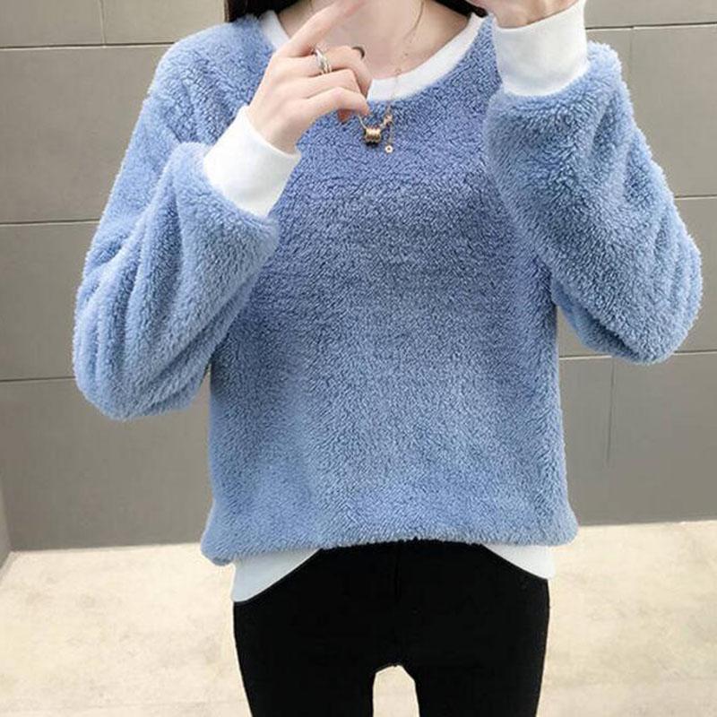 Pofulove Women's Winter Crew neck sweater long sleeve female  loose thick velvet Pullovers warm