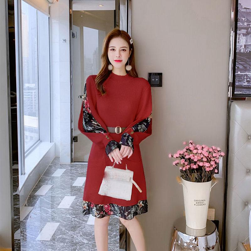 Women's Autumn and Winter Long-sleeved Dress Half High Collar Sweater Dress with Belt  Mid-length Skirt
