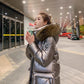 Winter Fashion Big Fur Collar Bright Face Down Padded Jacket Women Mid-length Thick Coat
