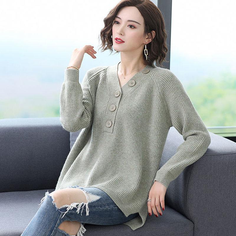 Spring and Autumn V-neck Loose Top Solid Color Plus Size Sweater Simple Casual Women Bottoming Shirt