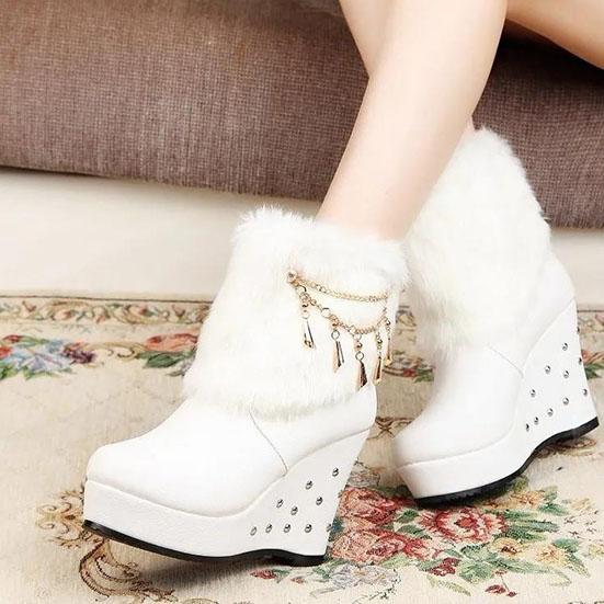 Women's Winter Thick Soled High Heel Short Boots Simulated Rabbit Hair Women's Boots Waterproof Wedged-heel Snow Boots