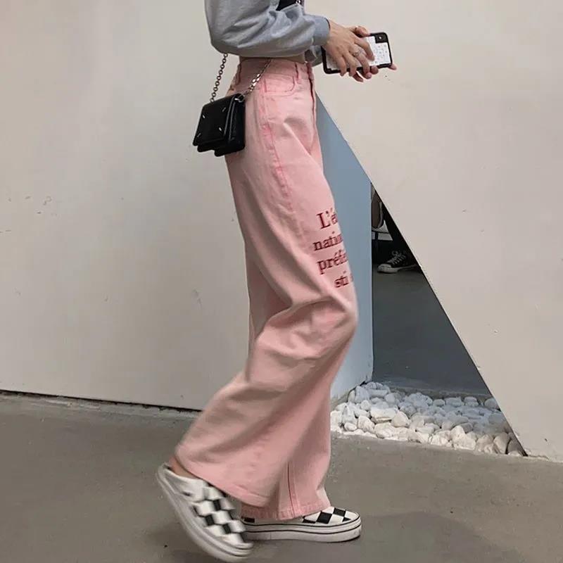 Pink Letters Embroidery Jeans Large Size High Waist Loose Straight Casual Long Pants