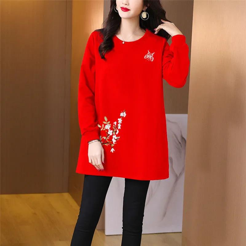Spring Womens T Shirt Casual Round Neck Flower embroidery Ladies Tee Shirts Vintage Floral Tops Pullover