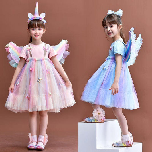 Girls Rainbow Dress Little Girl Princess Dress Short-sleeved Fairy Dress Summer Dress Birthday Dress