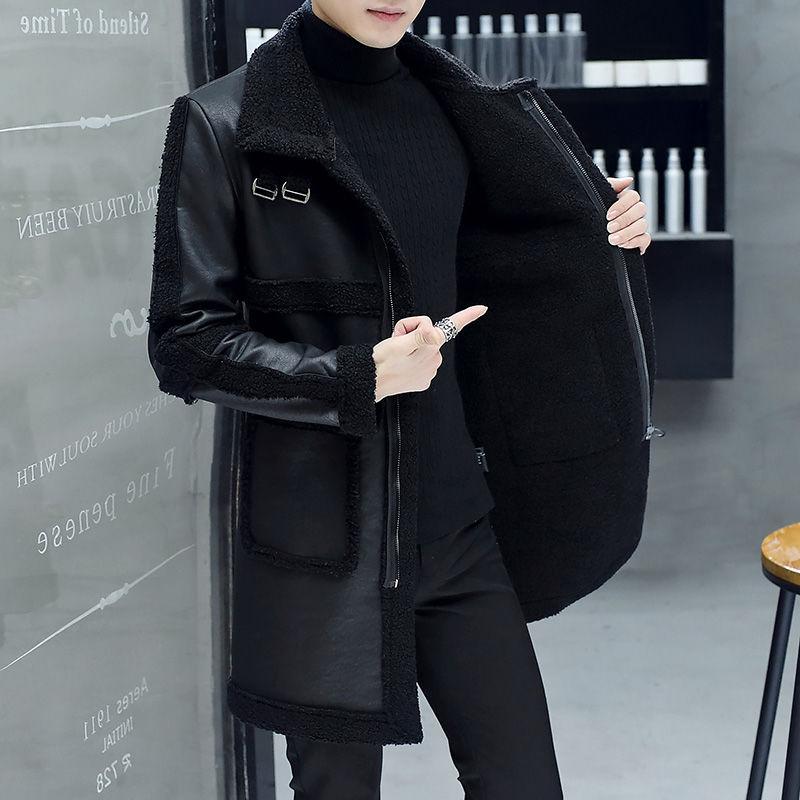Men's Mid-length Leather Jacket Slim-fit Korean Style Handsome Winter Plush Thick Fur Coat