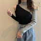 Fashion Design Contrast Sweater Strapless Sexy Long-sleeved Sweater Women's Half High Neck Bottoming Top
