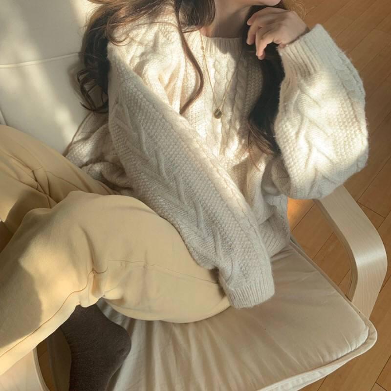 Thick Solid Color Twist Sweater Women's Winter Loose Round Neck Wild Knitted Jacket