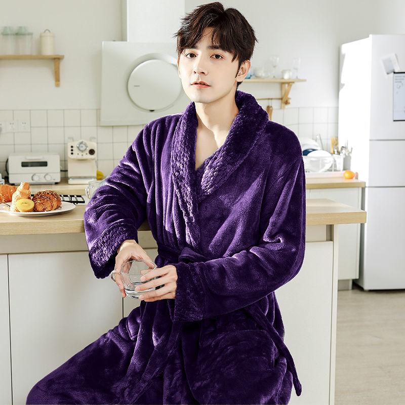 Men's Nightgown Hooded Autumn and Winter Long Coral Fleece Plus Velvet Thick Bathrobe Flannel Pajamas Winter Home Service