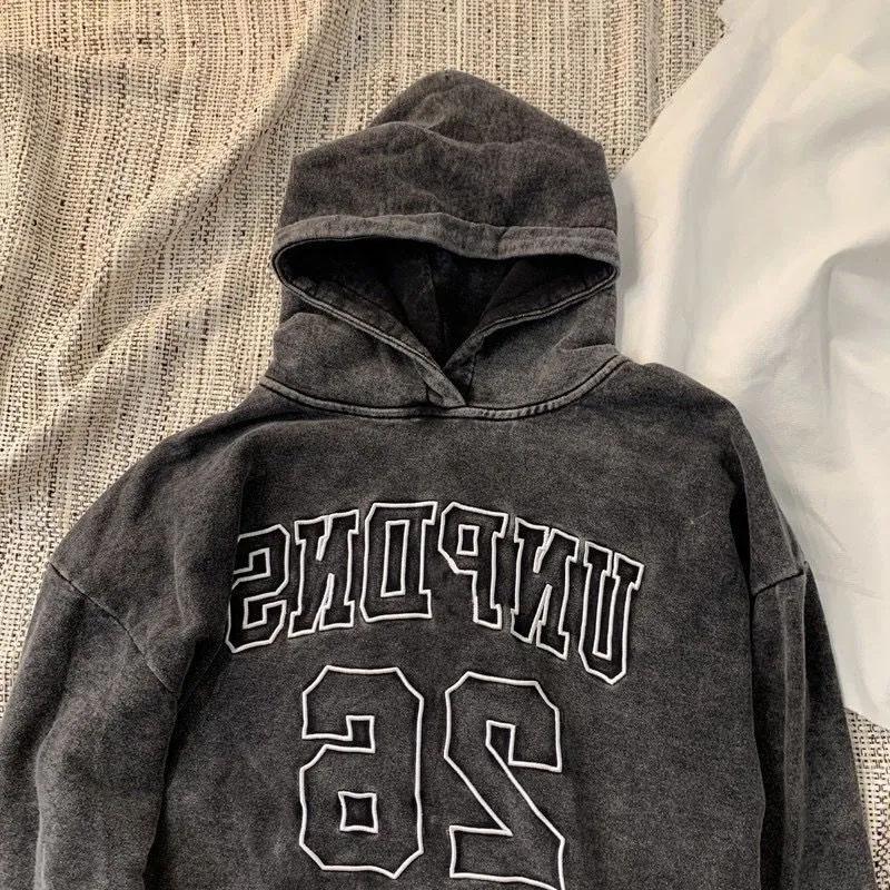Men and Women Couple Hooded Sweater Hip-hop Loose Big Pocket Long-sleeved Pullover Sweater Oversize High Street Tie-dye Washed Retro Dark Top
