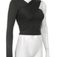 One-shoulder Crop Tops Solid V Neck Women's T-shirts Slim Female Streetwear Corset Autumn All-match Vinatge Tees Bottoming Shirt