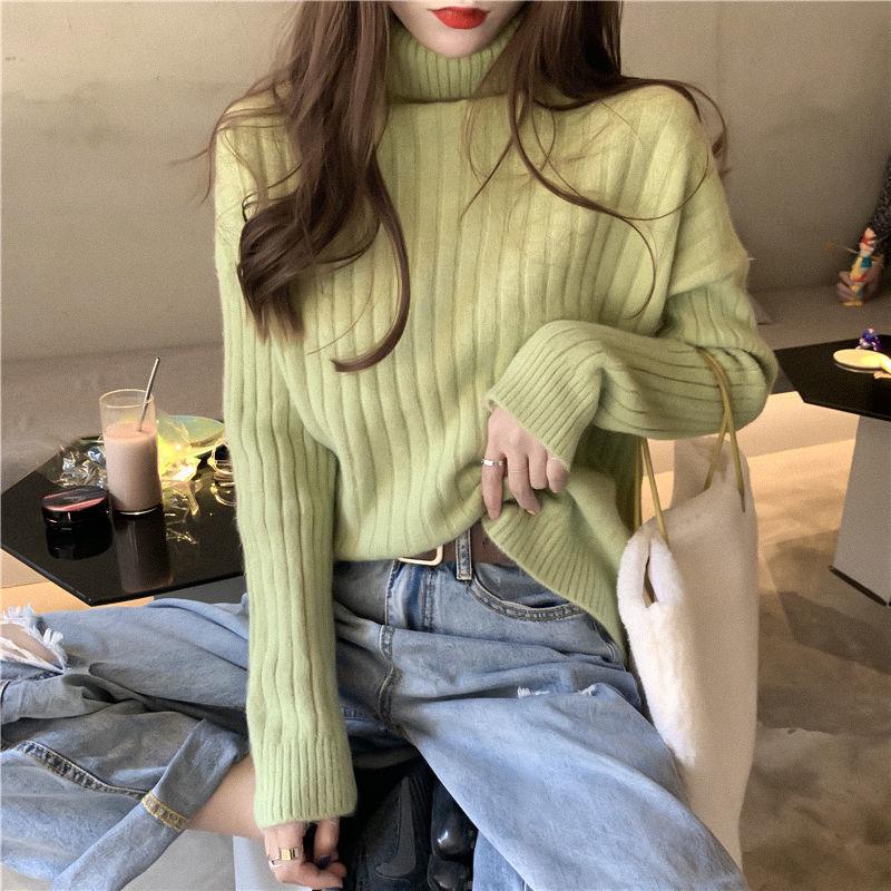 Women High Collar Long Sleeve Pullover Thick Slim Tight Knit Bottoming Shirt Sweater