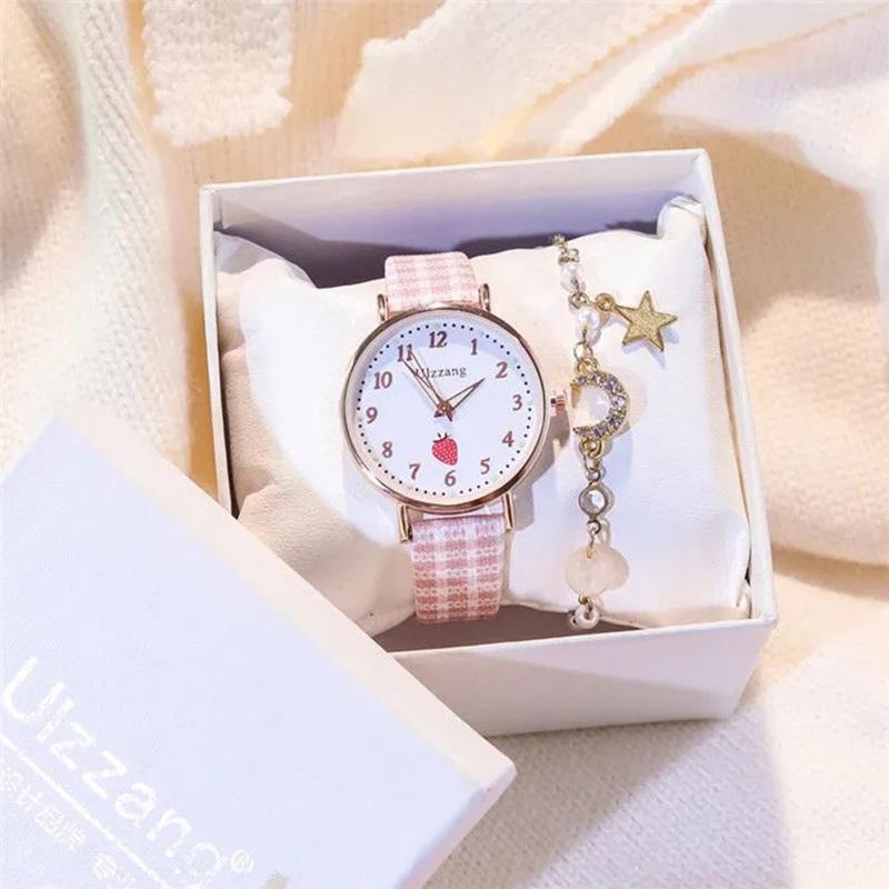 Women's All-match Cute Quartz Watches Strawberry Luminous Watches Plaid Fabric Strap Student Wrist Watches