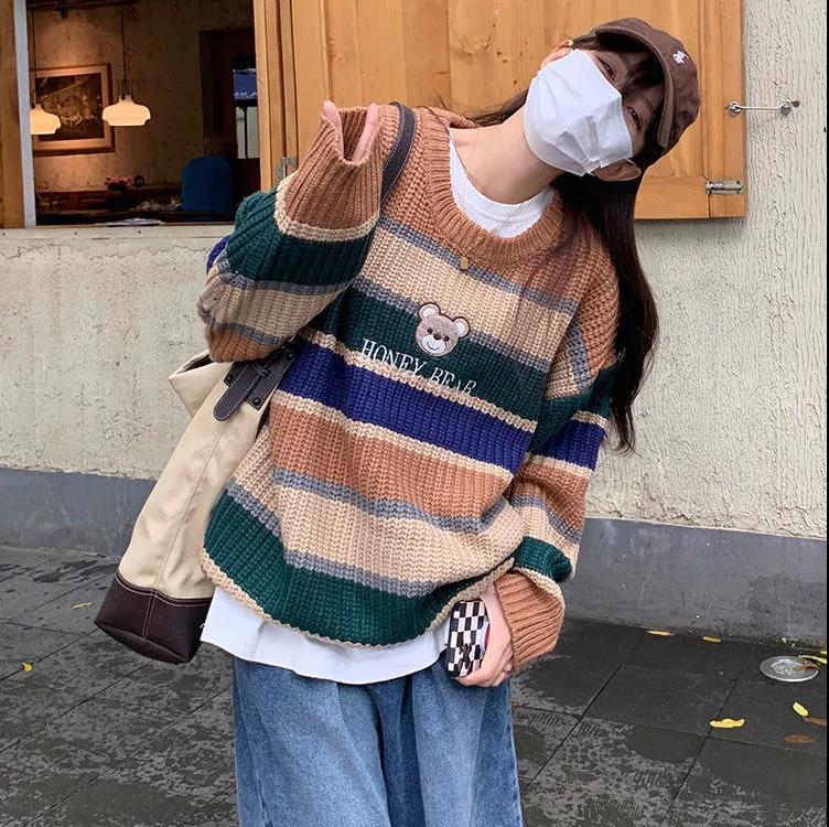 Japanese Cute Bear Mori Sweater Women's Loose Pullover Hit Color Striped Knitted Sweater Top