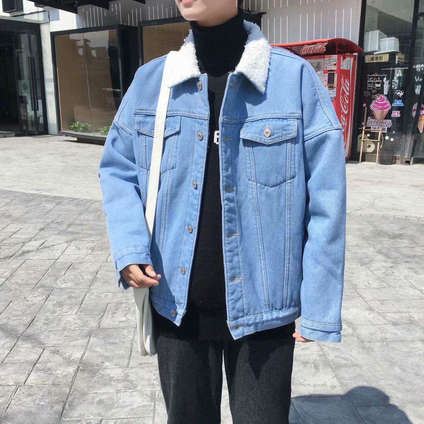 Lamb Plush Loose Denim Jacket Men's Clothing Autumn and Winter Plus Velvet Thick Denim Jacket Men's Trend