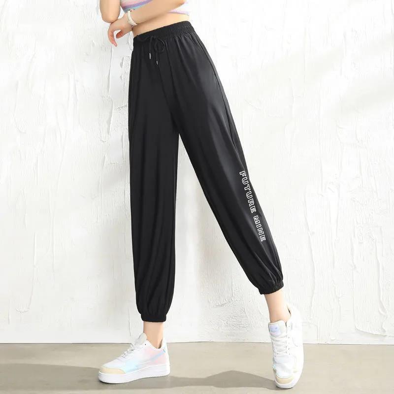 Summer Thin Letter Printing Ice Silk Casual Pants Women Loose and Thin Waist Nine-point Black Harlan Sweatpants