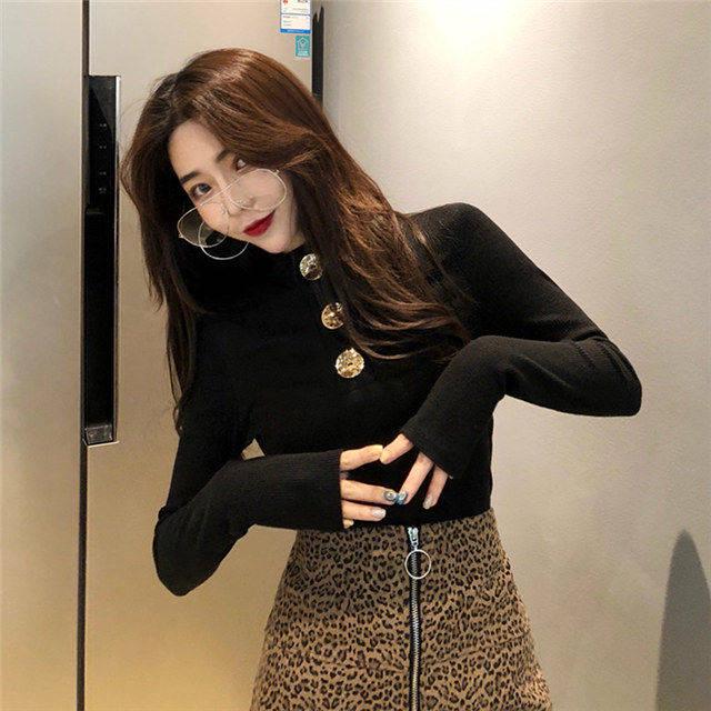 Button Design Slim Sweater Women's Autumn and Winter Wild Solid Color Bottoming Shirt