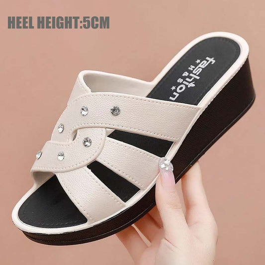 Ladies High Heel Slippers Summer Thick Bottom Home Outdoor Non-slip Slippers Women Summer Shoes Soft Bottom Wedge Heel Rhinestone Sandals