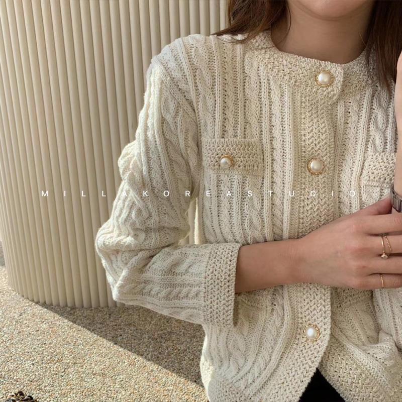 Autumn and Winter Short Knitted Sweater Pure Color Pearl Button Cardigan Top Fashion Simple Female Jacket