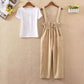 Ladies Casual Suit Two-piece Tooling Loose Overalls + Round Neck Short-sleeved T-shirt Ladies Suit Casual Suspender One-piece Wide-leg Pants