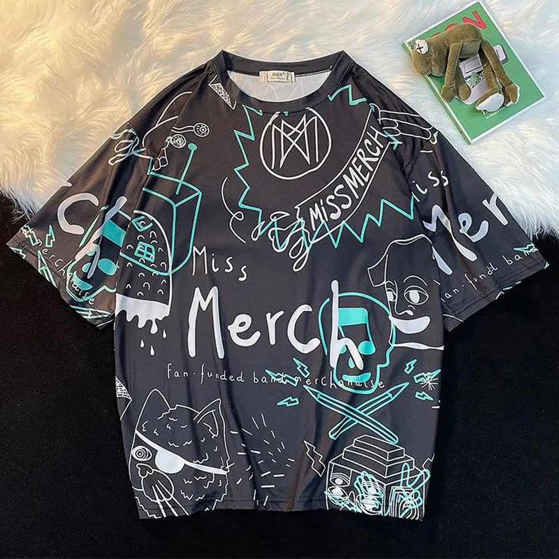 High Street T-shirts Hip Hop Trend Graffiti Print Tees Summer Oversized O-neck Short Sleeve Casual Shirts Men Clothing