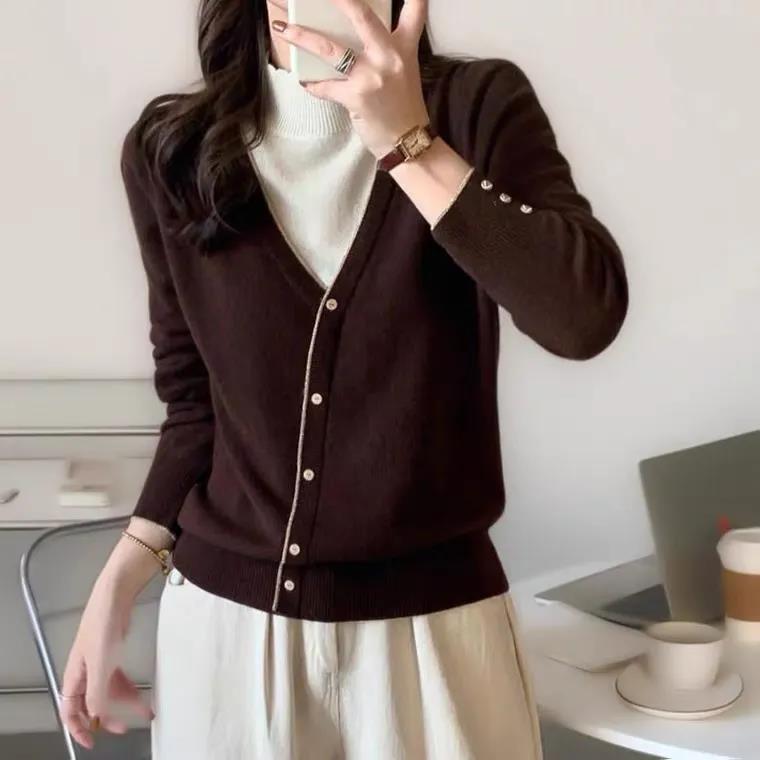 Splicing Two-piece Half Turtleneck Long-sleeved Sweater Fashion Color Block Pullover Slim Fit Short Sweater