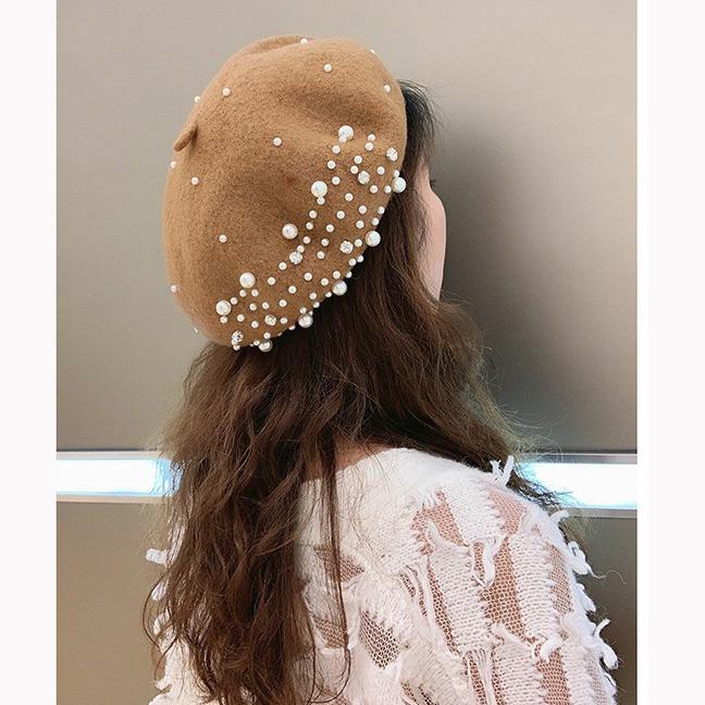 Women's Wool Beret Autumn Casual Pearl Rivet Solid Color Beret