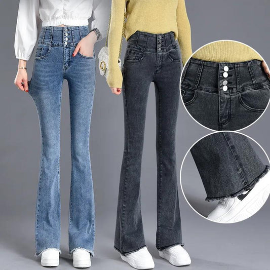Super-high-waist Denim Flared Pants Women's Spring and Autumn Look Thinner and High-stretch Slim-fit Raw-edge Wide-leg Trousers