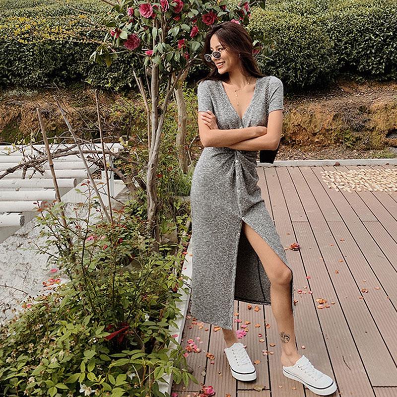 Women's Gray Ice Silk Knit Dress Female Summer Split  Slimming V-neck Maxi Dress Long Maxi Dress  Pleated   Split Dress
