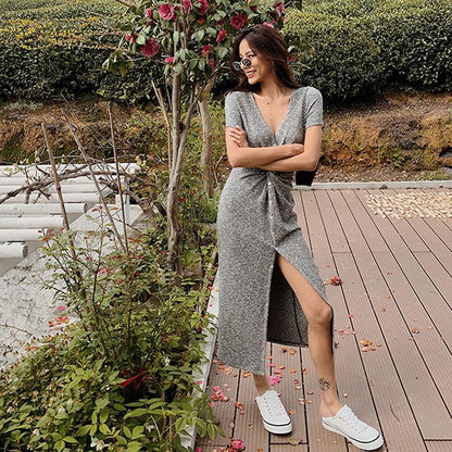 Women's Gray Ice Silk Knit Dress Female Summer Split  Slimming V-neck Maxi Dress Long Maxi Dress  Pleated   Split Dress