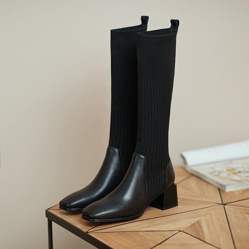 Women's Leather Socks and Long Boots But The Knee Is Thinner Stretch Knit Mid-tube High-heeled High Boots