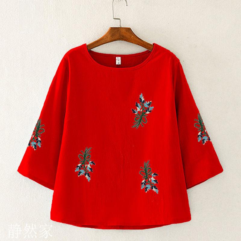 Pure Cotton T-shirt Women Summer Embroidered Art T-shirt Women Loose Top Three-quarter Sleeves Ethnic Style Bottoming Casual T-shirt