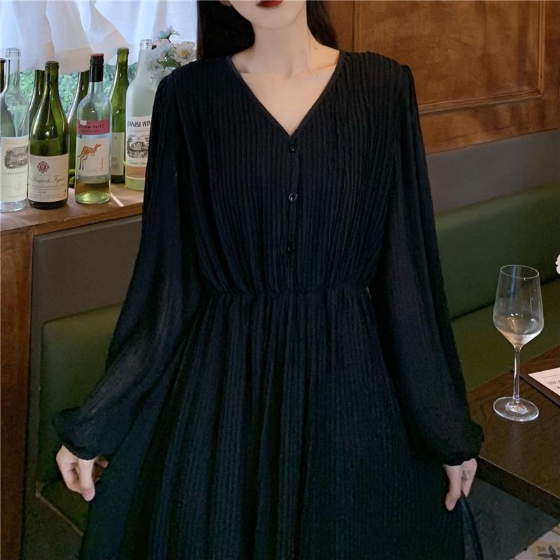 Spring Summer Women's Knee-length Dress French Gentle Wind V-neck Chiffon Solid Color Long-sleeved Dress
