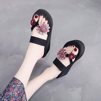 Summer Cute Sandals Female High-heeled Flip Flops Female Slippers Non-slip Slope with Thick-soled Seaside Vacation Beach Shoes