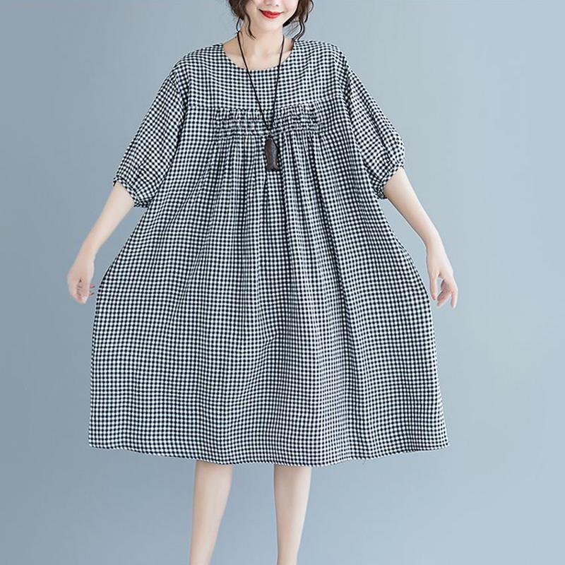 WTEMPO Plus Size Ladies Dress Summer 1/2 Sleeve Round Neck Long Dress Casual Mid-calf Length Plaid Dress