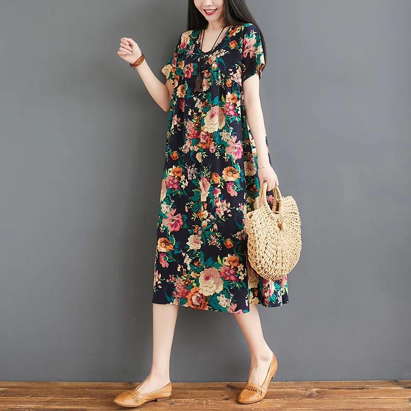 Oversized Retro Women's Cotton Loose Short-sleeved Floral Dress Loose Pleated Kaftan Robe