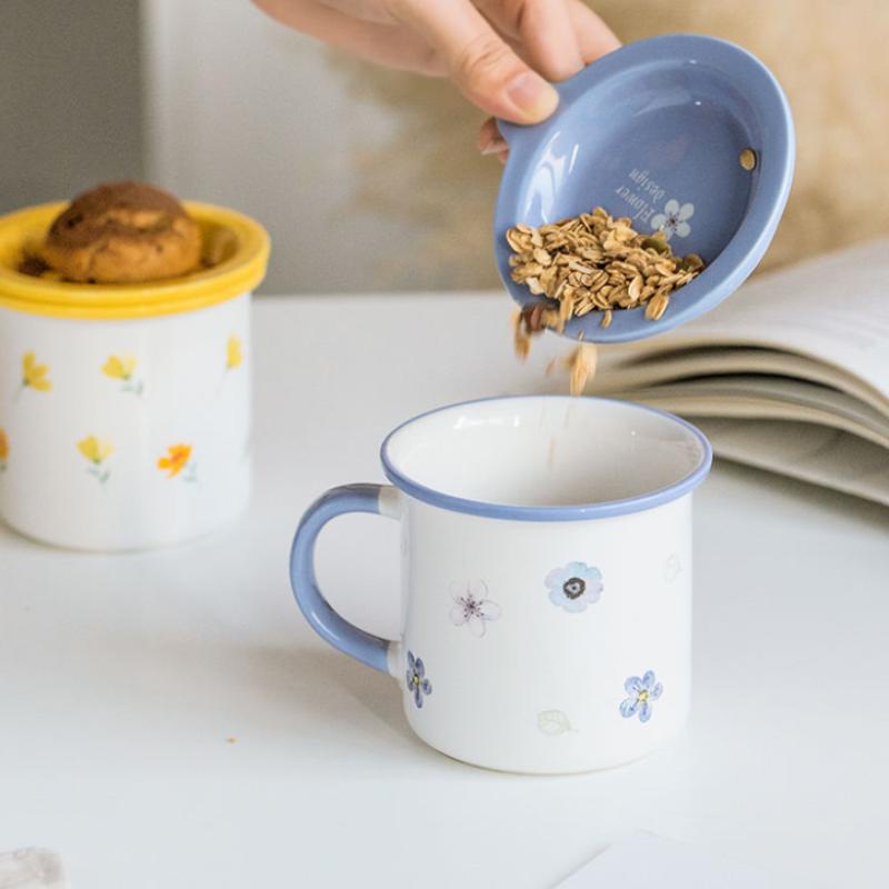 Ceramic Mug Korean Mug with Lid Spoon Japanese Coffee Milk Breakfast Cup Cute Household Water Cup Female Student