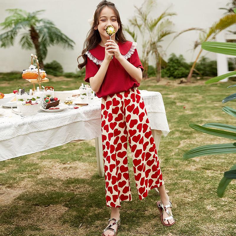 Girls' Suits Children's Two-piece Short-sleeved Wide-leg Pants Summer Big Boys and Girls Mosquito Pants Western Style
