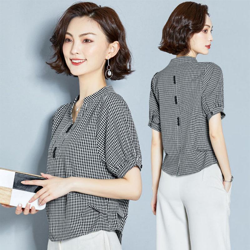 Short-sleeved Plaid Chiffon Shirt Women's Niche Design V-neck  Belly-covering Shirt